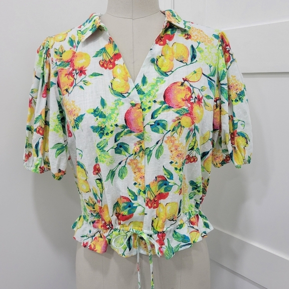 Lauren Conrad Tropical Fruit Button-Front Puff-Sleeve Top Size L - Picture 2 of 11